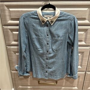 LOFT Light Blue Denim Shirt with Embellished White Collar